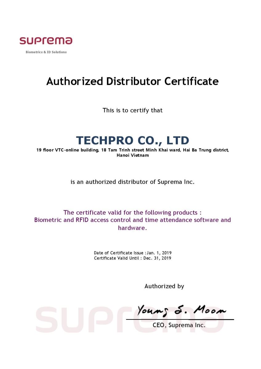 Chứng nhận TECHPRO là nhà phân phối chính thức  của Suprema