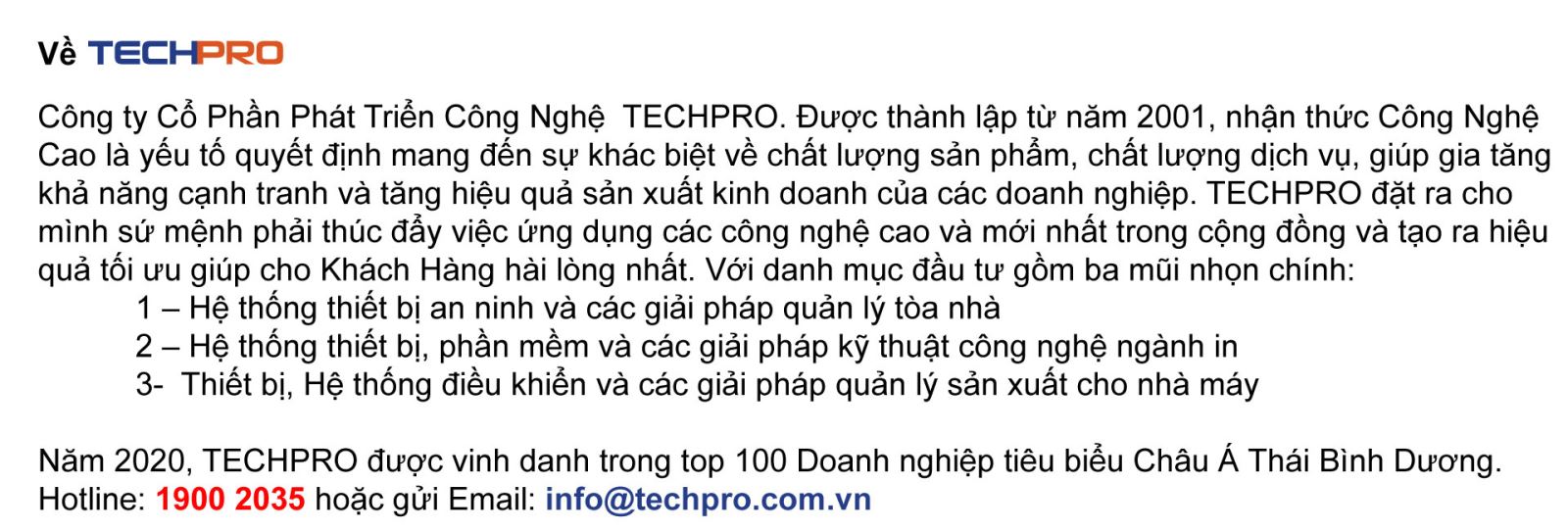 thông tin về công ty TECHPRO